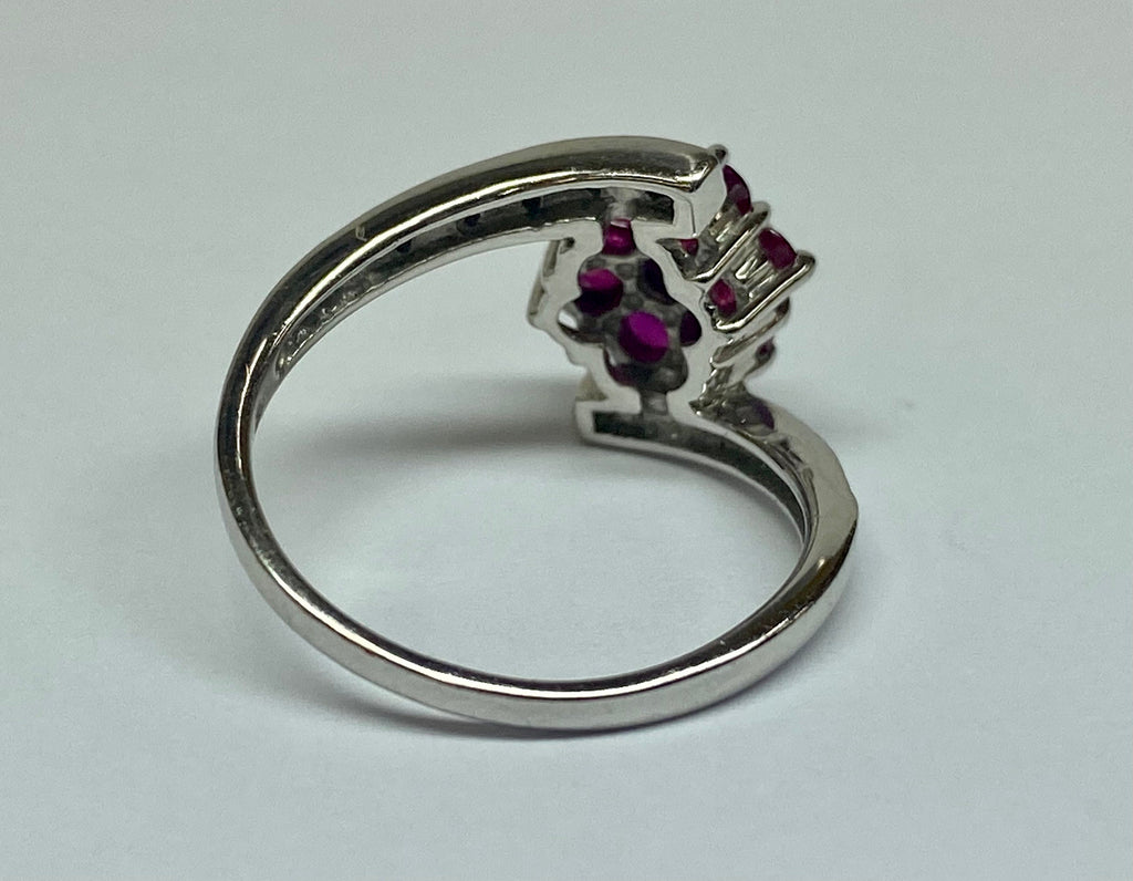 18K White Gold Burmese Ruby Diamond Floral Ring - Size 6 3/4
