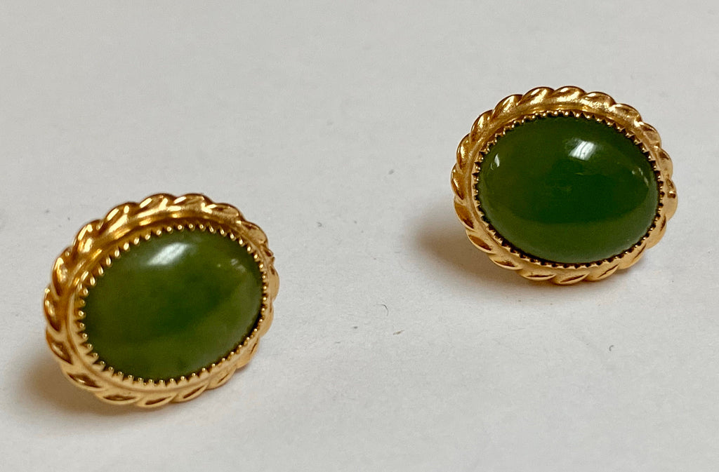 12K Yellow  Gold Filled And Green Jade Cabochon Stud Earring Set!!!!
