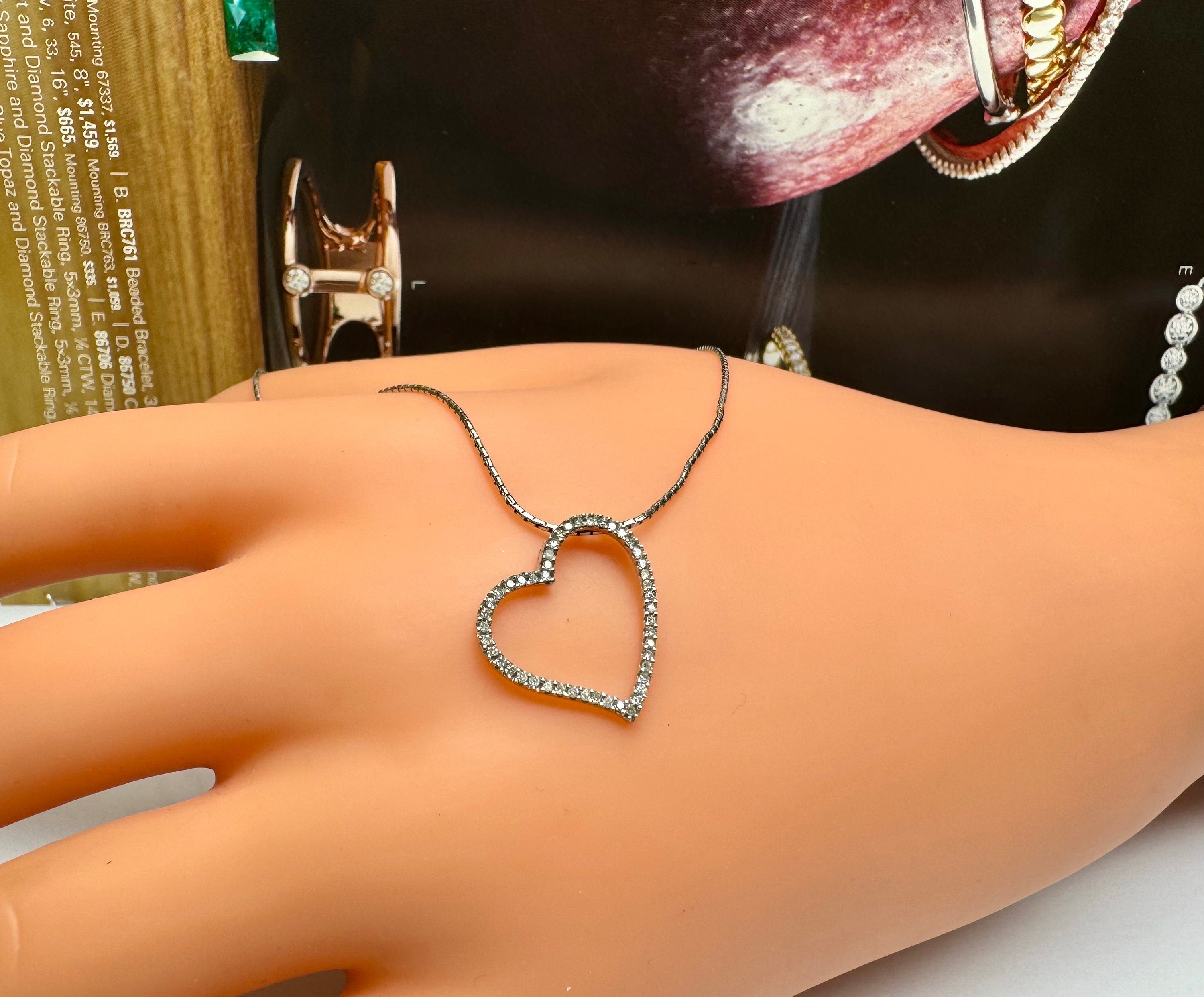 14K White Gold Diamond Open Heart Pendant Necklace - 18 Inch