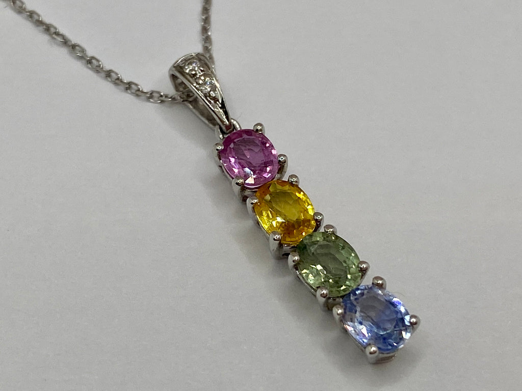 14K White Gold Necklace: Diamond & Multi-Color Gemstone Bar Pendant