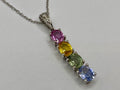 14K White Gold Necklace: Diamond & Multi-Color Gemstone Bar Pendant