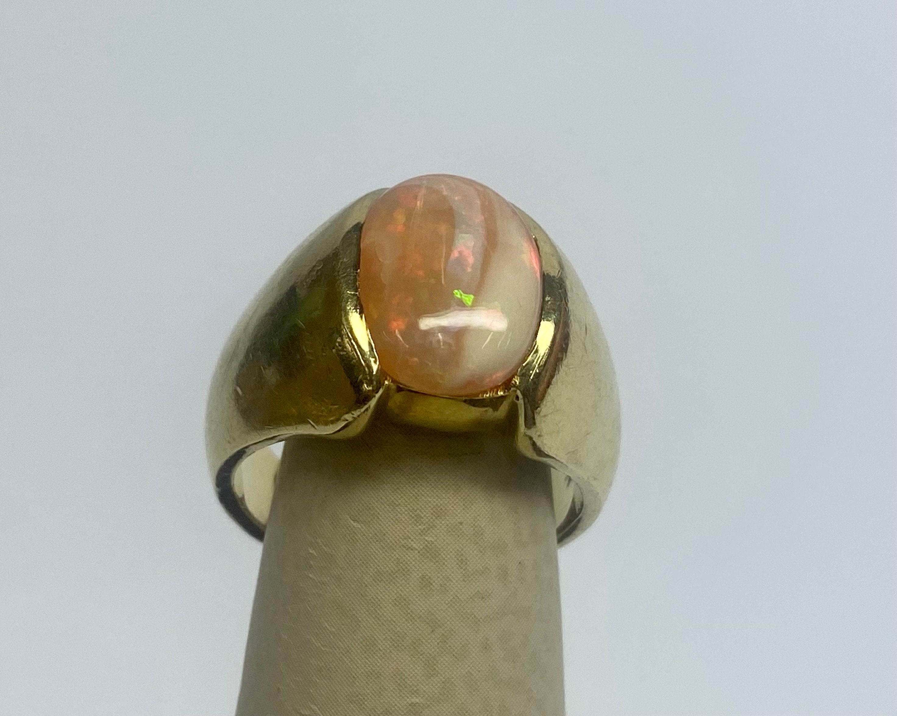 14K Yellow Gold Opal Ring - Oval Cabochon Mens Pinky Ring - Size 6