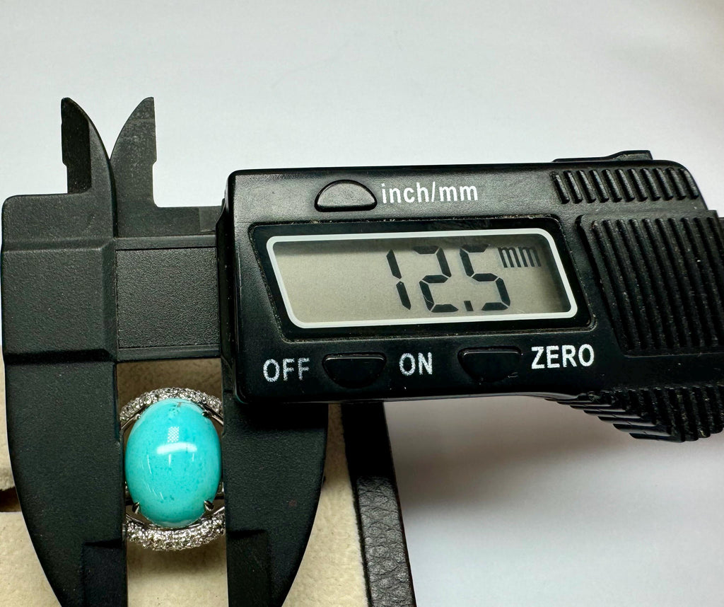 18K White Gold Diamond Ring: Oval Blue Turquoise Cabochon, Size 8 3/4