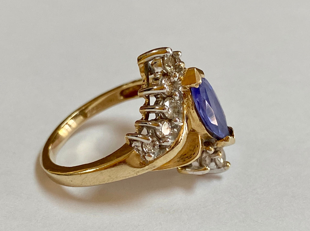14K Yellow Gold Marquise Sapphire Diamond Ring - Size 4 3/4