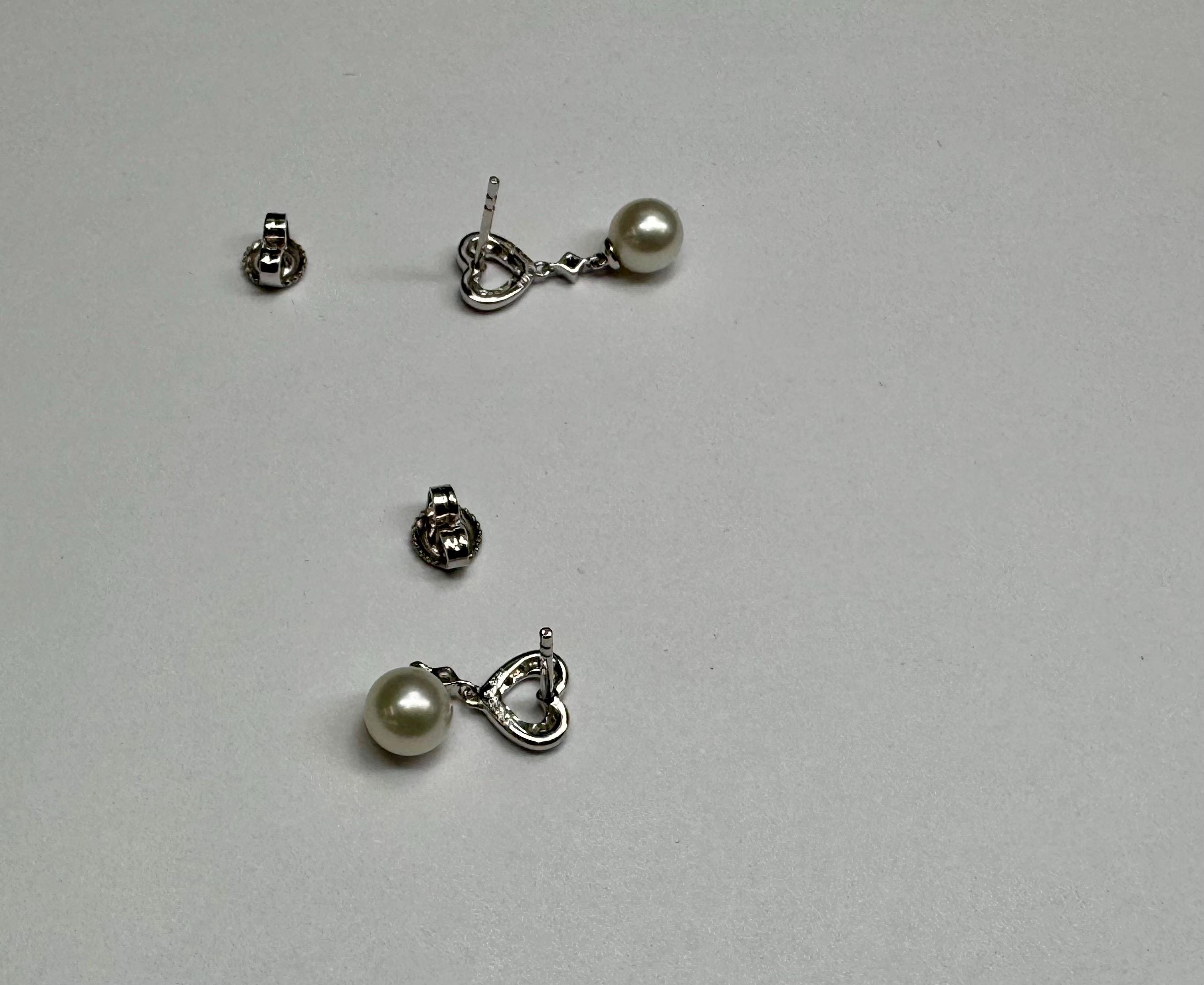 14K White Gold Heart Diamond & Pearl Drop Earrings
