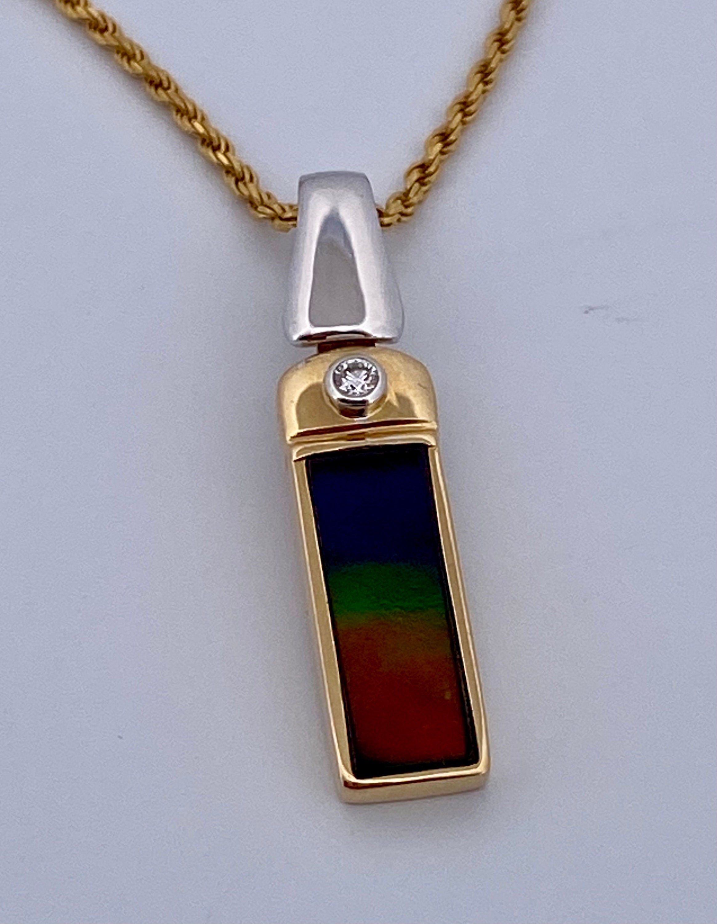 18K Gold Ammolite & Diamond Pendant Necklace - Two Tone, 30" Rope Chain