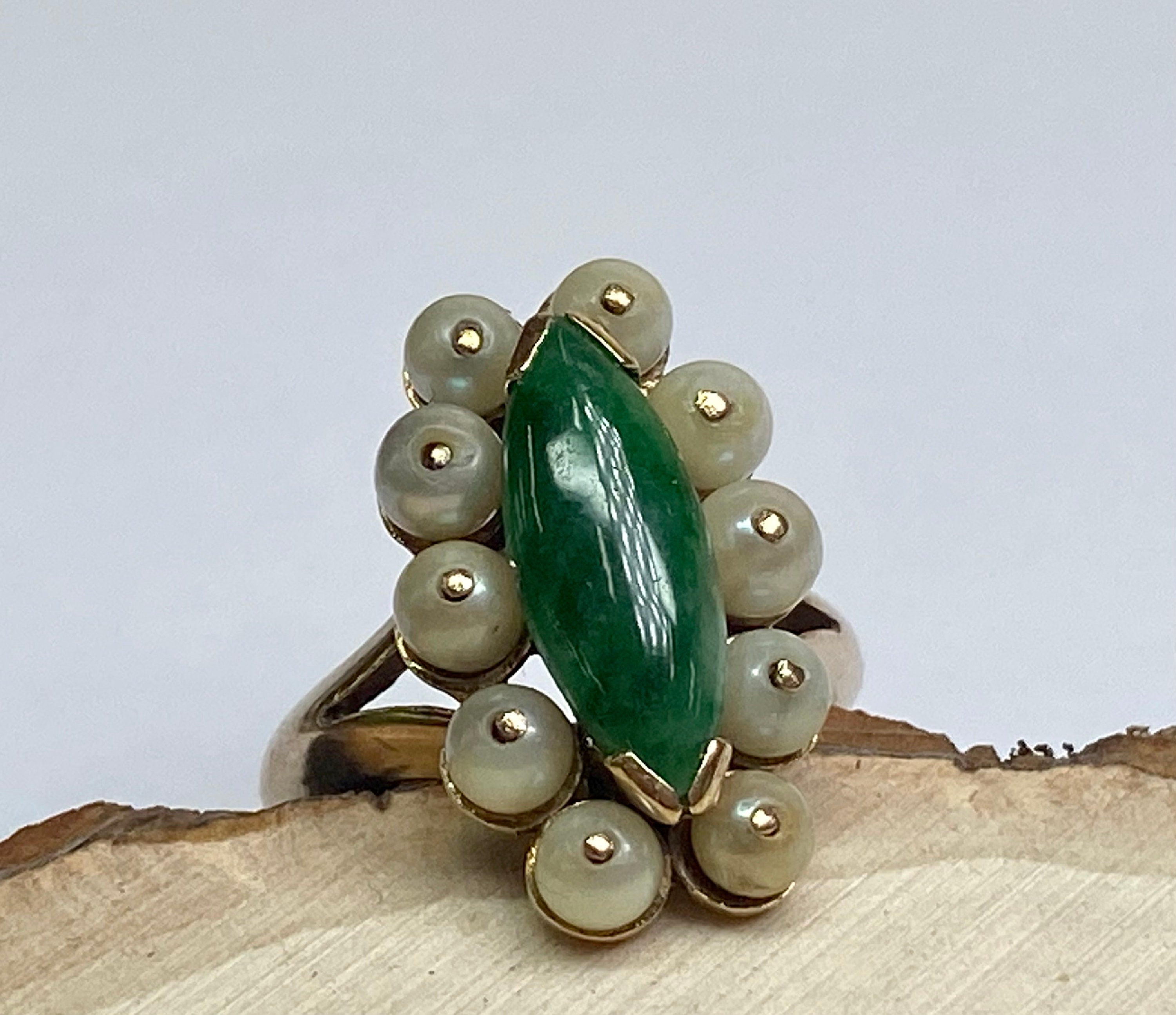 14K Yellow Gold Green Jade & Seed Pearl Ring - Size 4 1/2