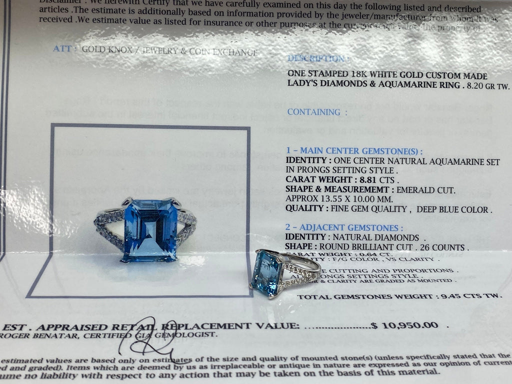 18K White Gold Aquamarine Ring: Emerald Cut Diamond Statement Ring, Size 5 1/2