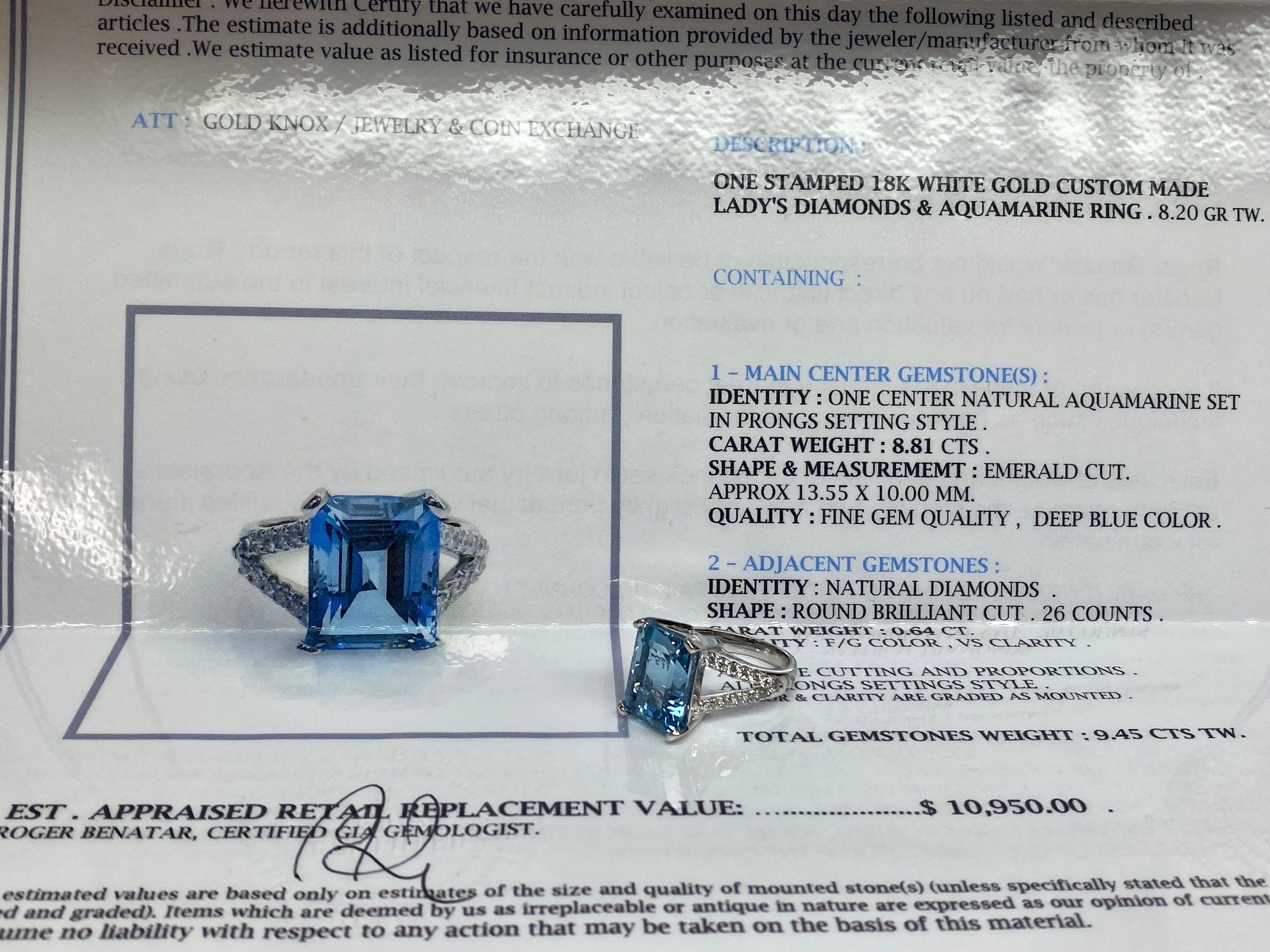 18K White Gold Aquamarine Ring: Emerald Cut Diamond Statement Ring, Size 5 1/2