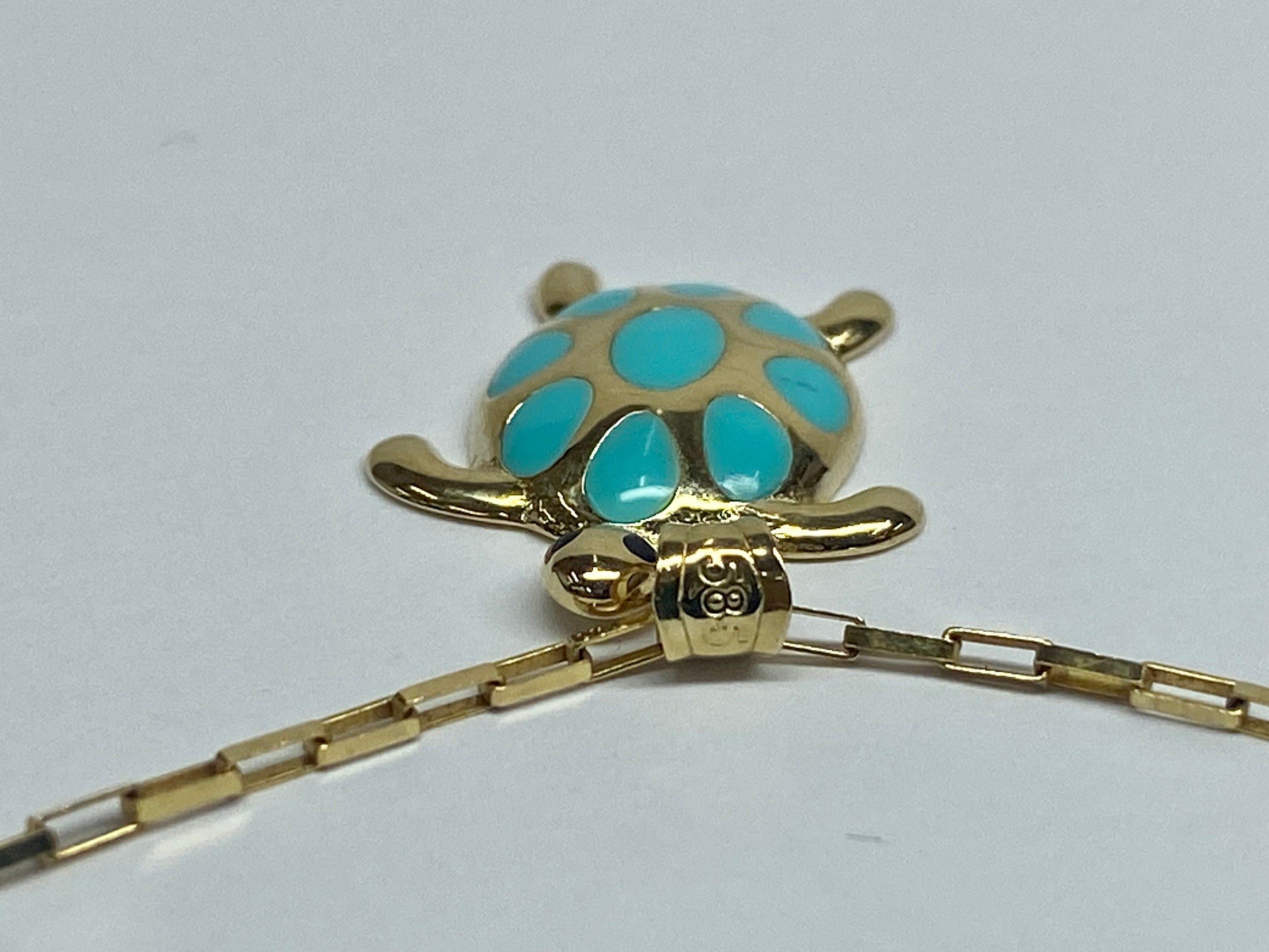 14K 585 Yellow Gold & Turquoise Color Enamel  Turtle Pendant Charm  !!!