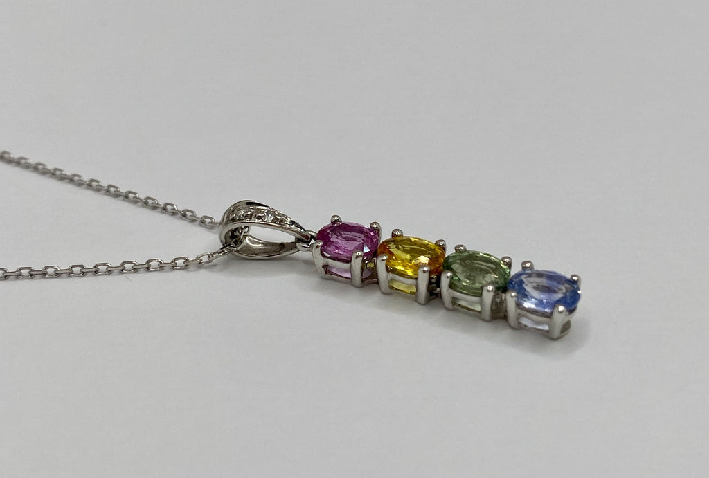 14K White Gold Necklace: Diamond & Multi-Color Gemstone Bar Pendant