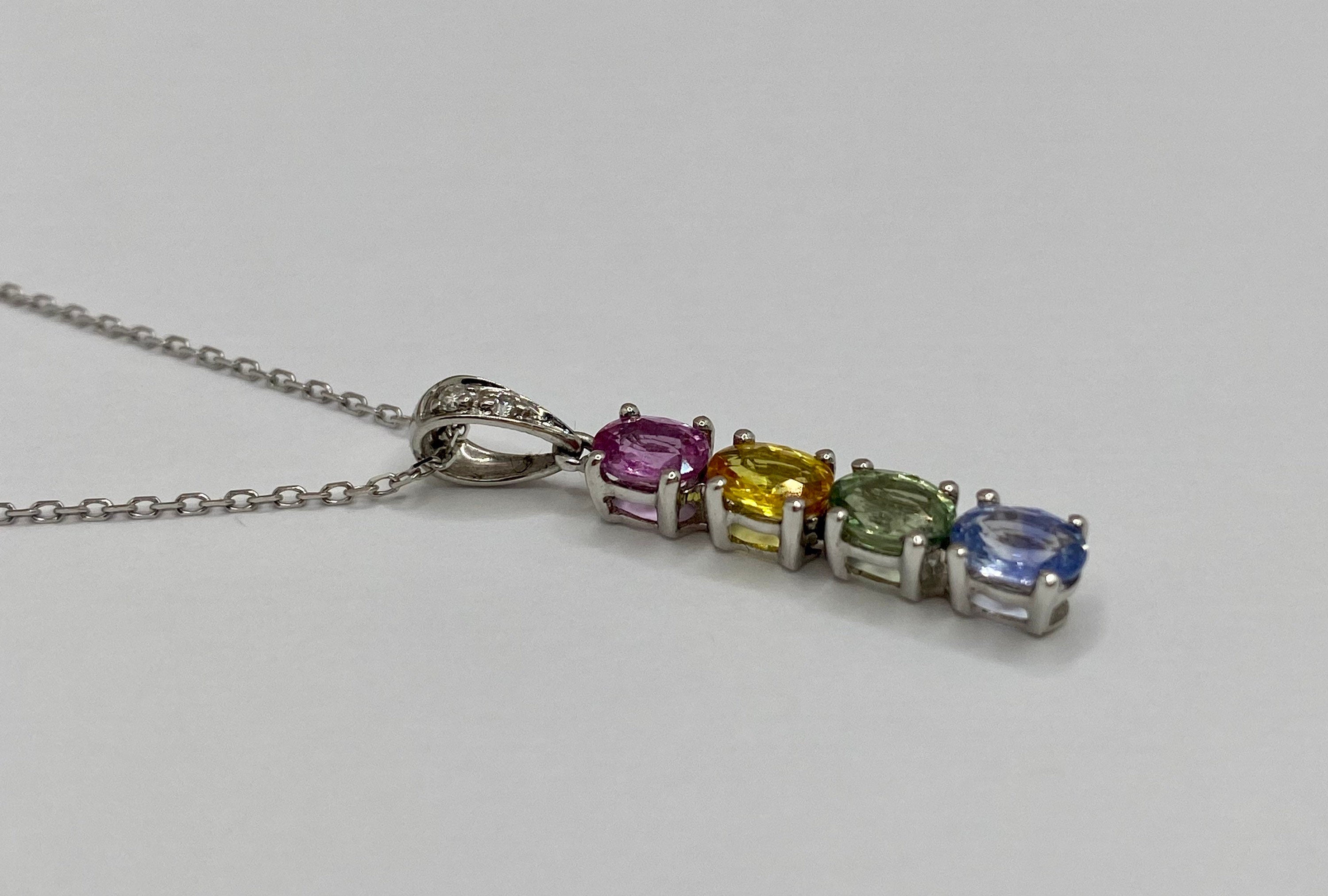 14K White Gold Necklace: Diamond & Multi-Color Gemstone Bar Pendant