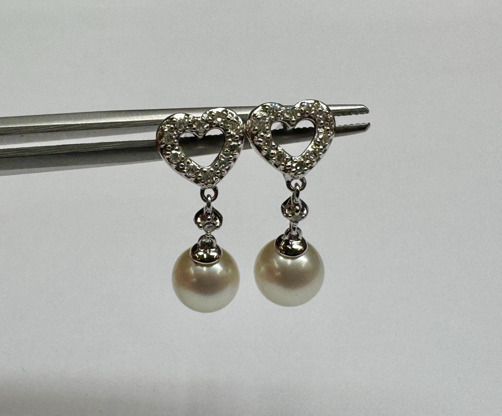 14K White Gold Heart Diamond & Pearl Drop Earrings