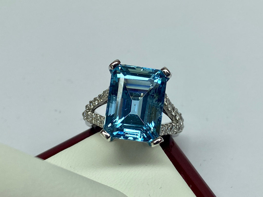 18K White Gold Aquamarine Ring: Emerald Cut Diamond Statement Ring, Size 5 1/2