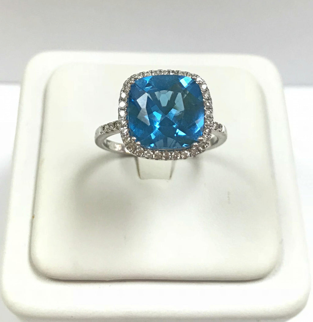 14K White Gold Blue Topaz Diamond Ring - Size 9 3/4