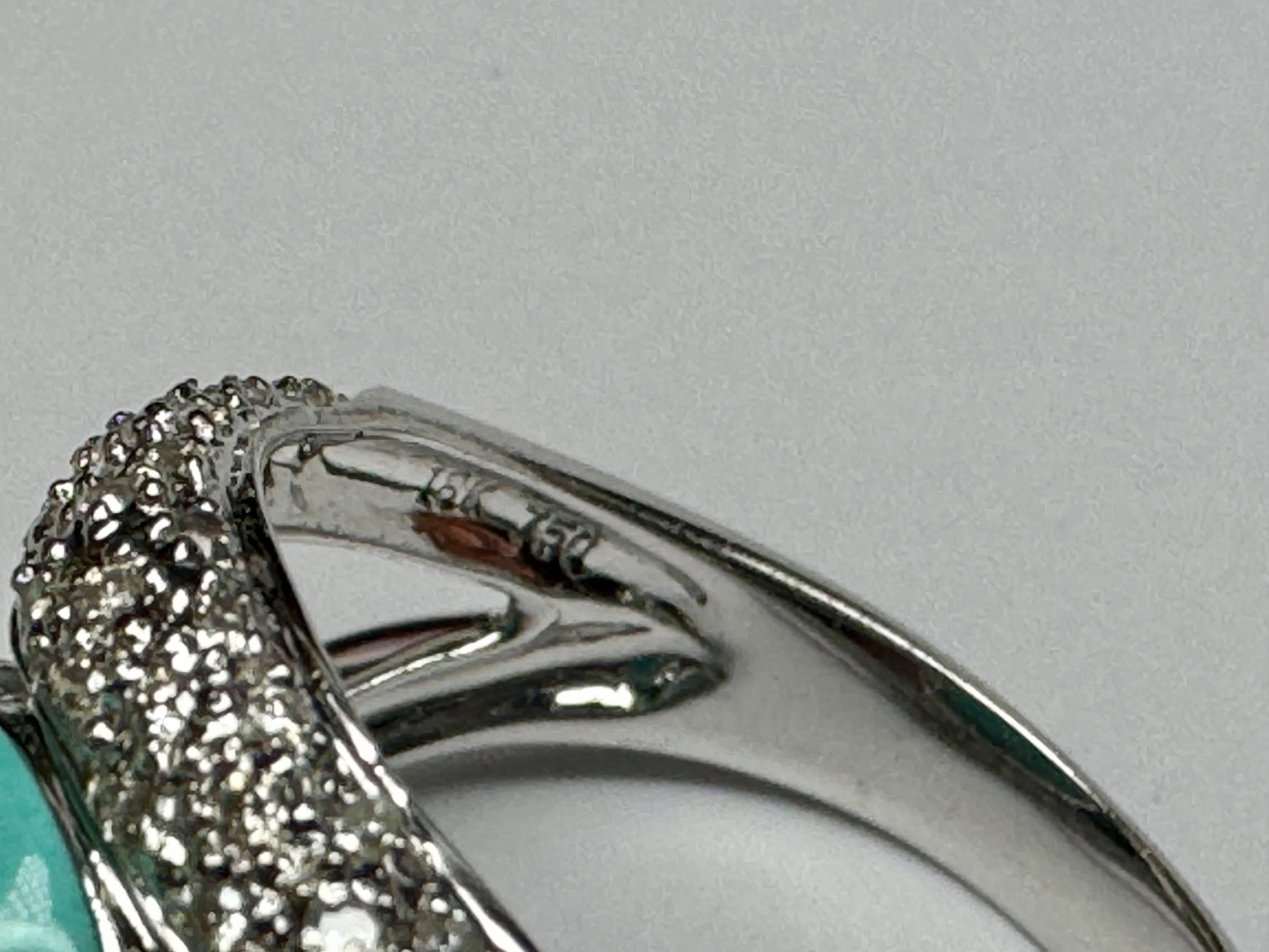 18K White Gold Diamond Ring: Oval Blue Turquoise Cabochon, Size 8 3/4