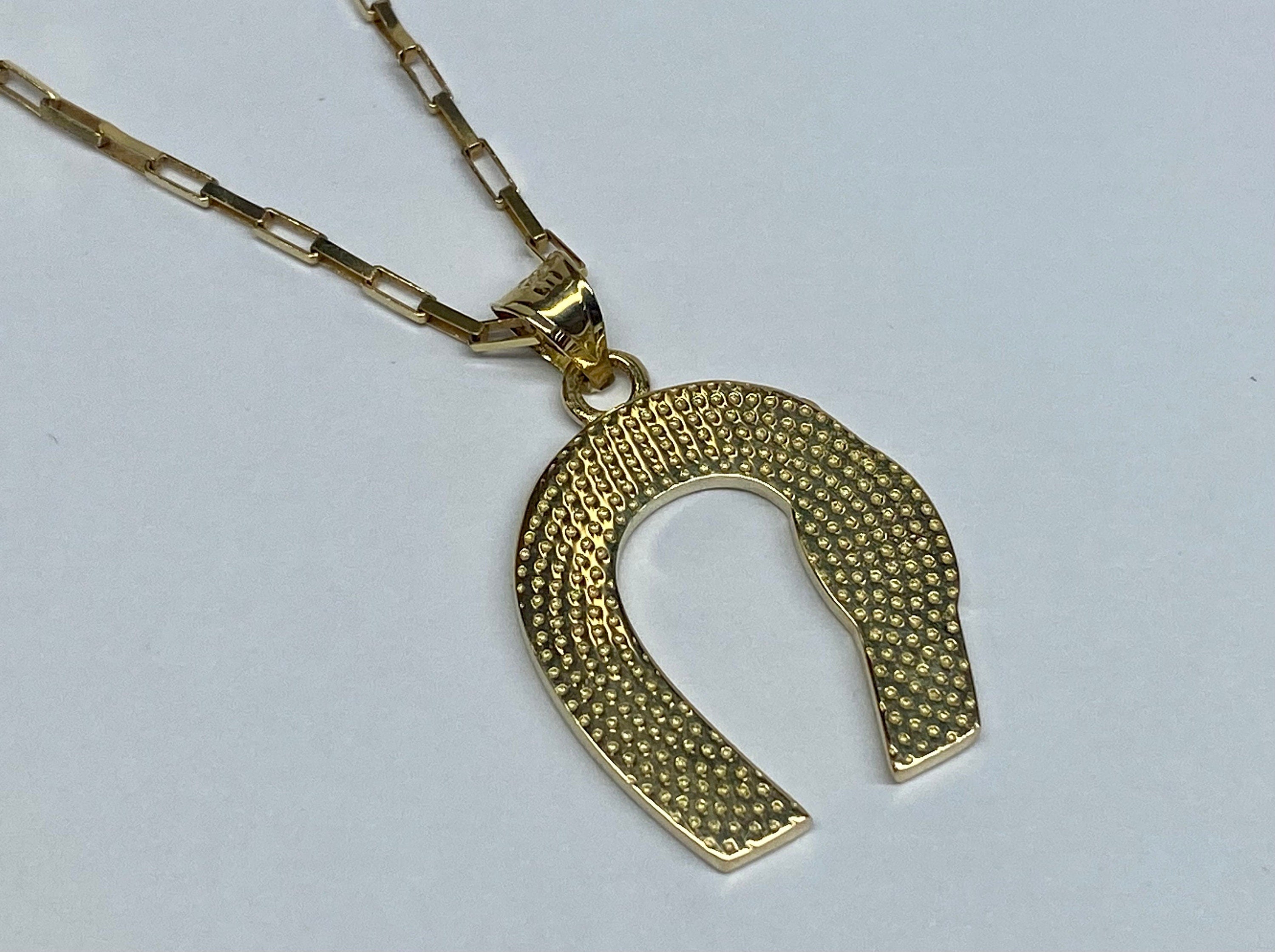 14K Yellow Gold Horseshoe Evil Eye Pendant Charm