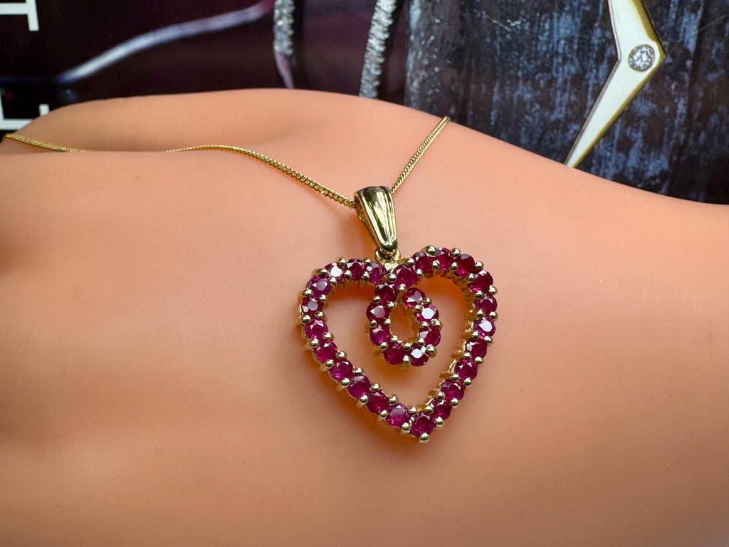14K Yellow Gold Ruby Heart Pendant Necklace - Adjustable Length