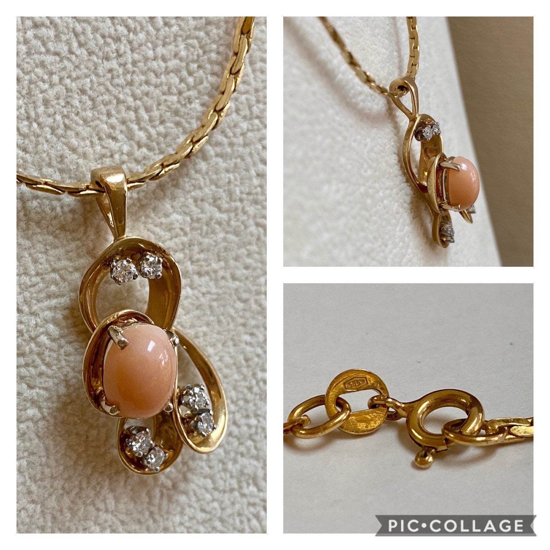 14K Yellow Gold Coral Diamond Necklace Ring Set - Italy 585