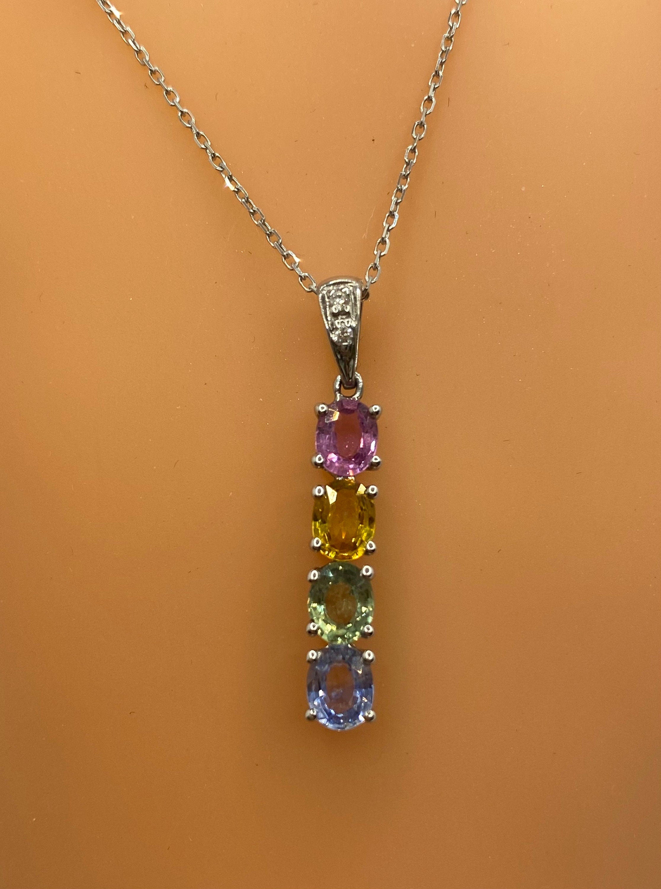 14K White Gold Necklace: Diamond & Multi-Color Gemstone Bar Pendant