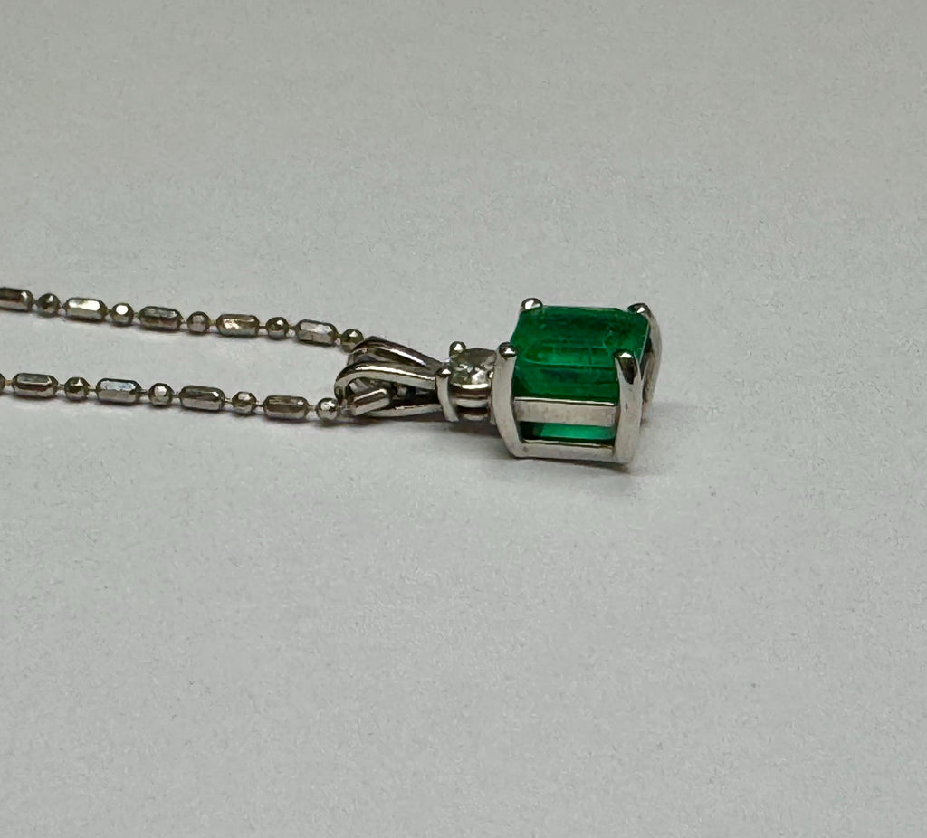 14K White Gold Emerald and Diamond Pendant Necklace