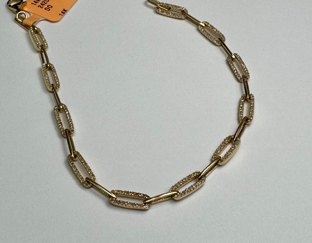 14K Yellow Gold Diamond Paper Clip Chain Bracelet