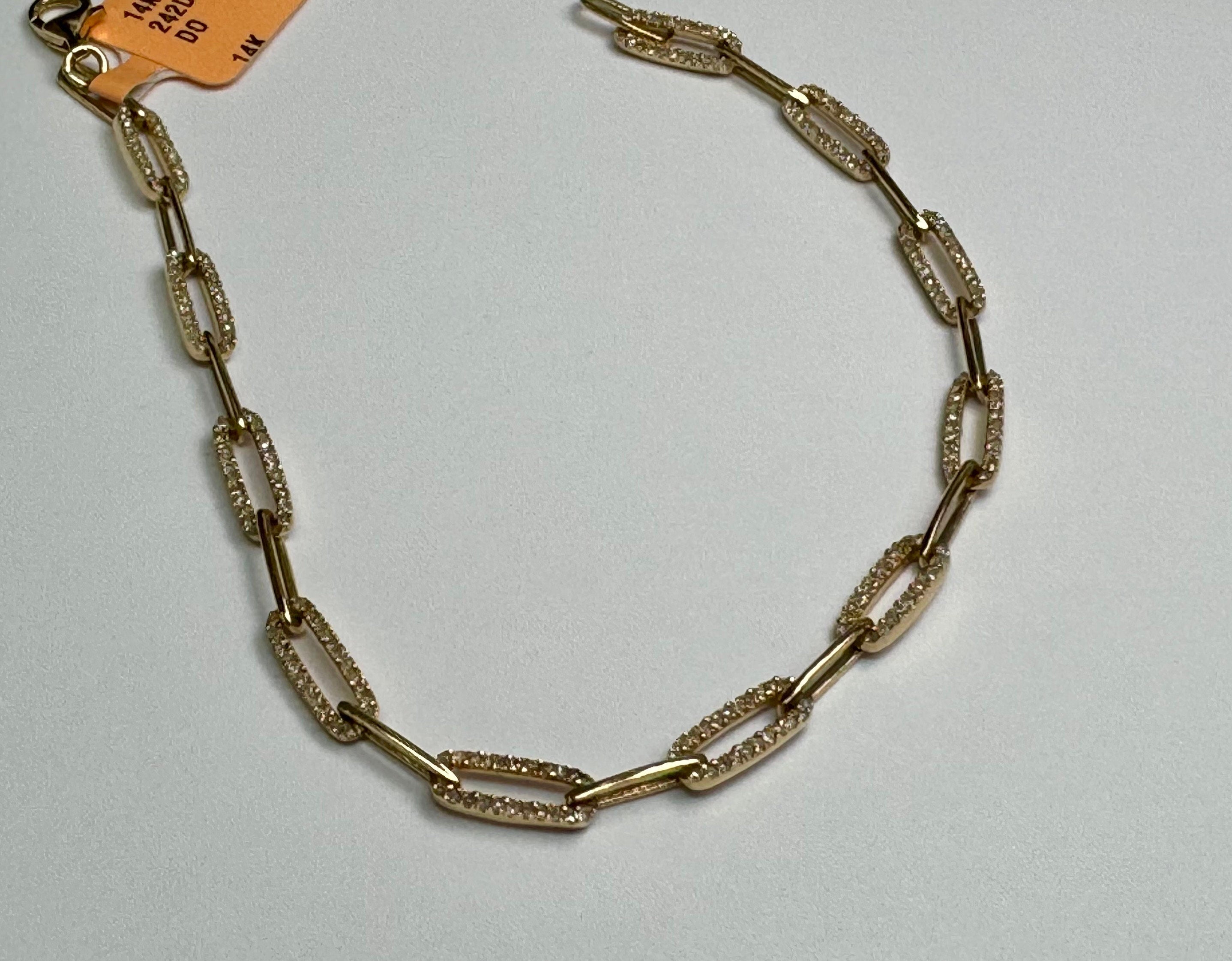 14K Yellow Gold Diamond Paper Clip Chain Bracelet