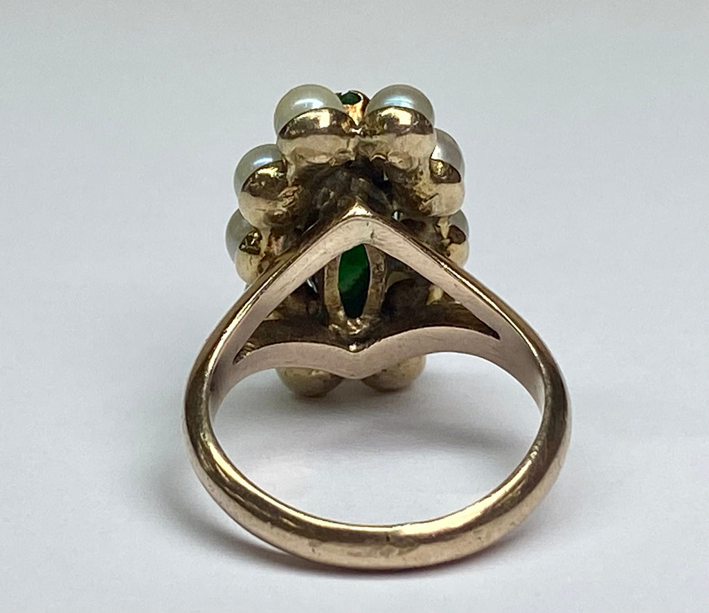 14K Yellow Gold Green Jade & Seed Pearl Ring - Size 4 1/2