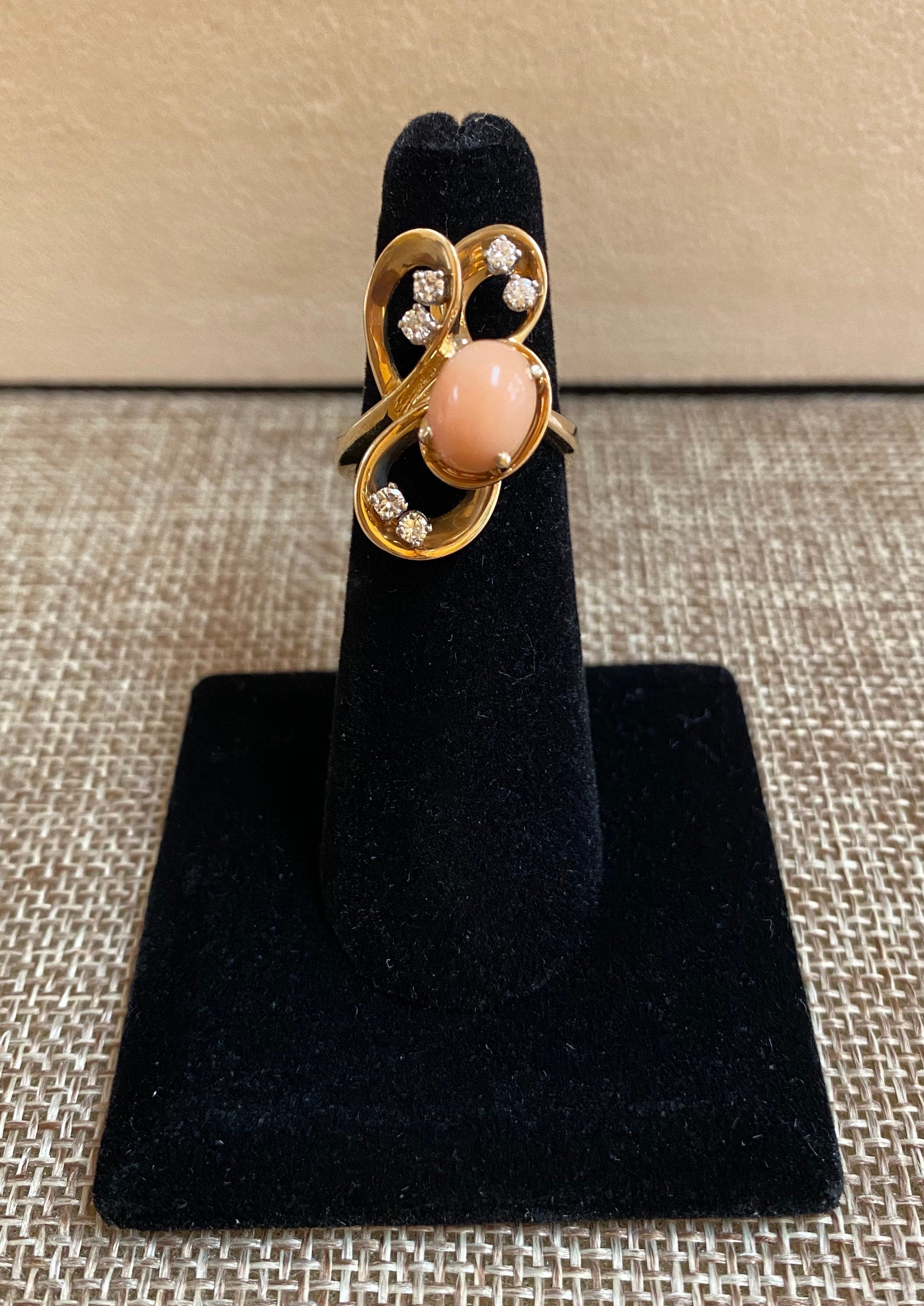 14K Yellow Gold Coral Diamond Necklace Ring Set - Italy 585