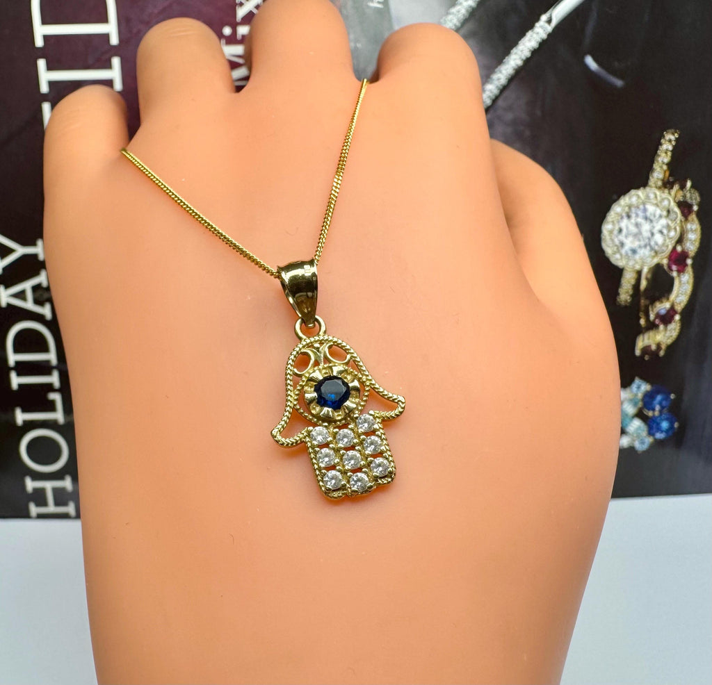 14K Yellow Gold Hamsa Hand Pendant with Blue & White CZ