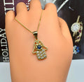 14K Yellow Gold Hamsa Hand Pendant with Blue & White CZ