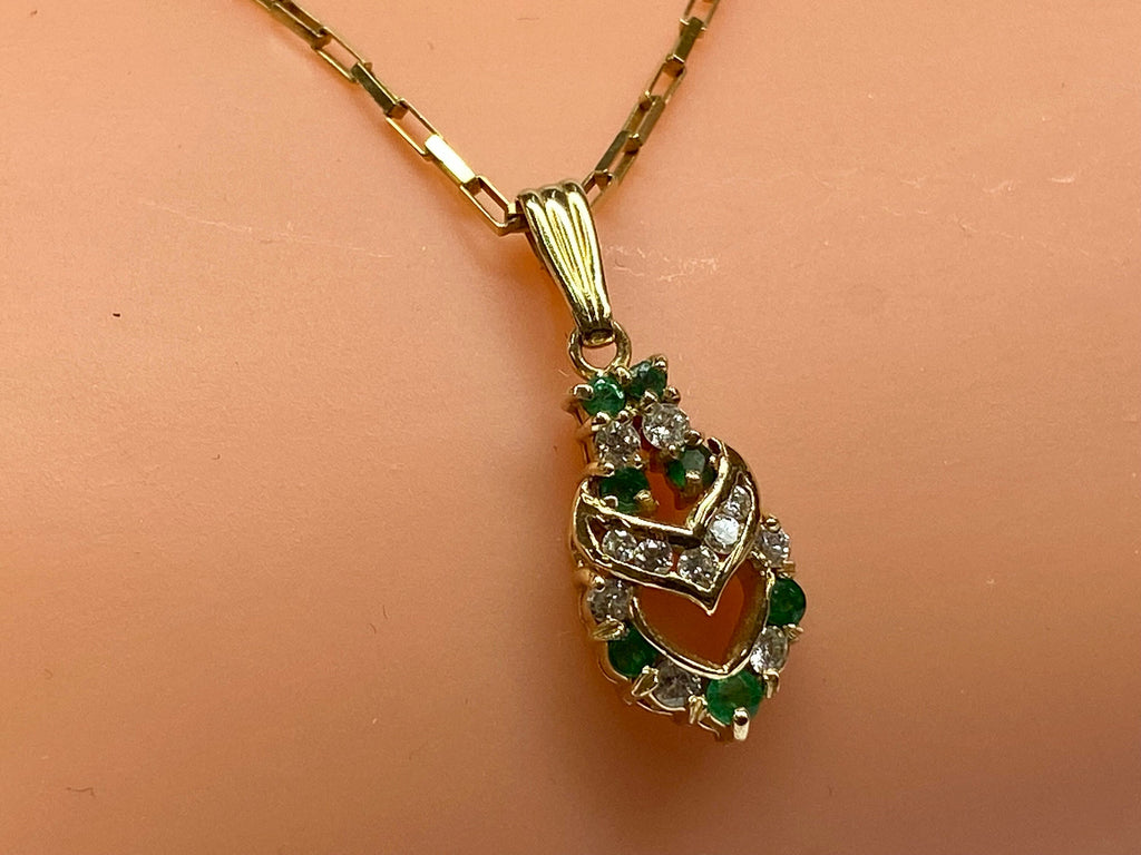 14k Yellow Gold Diamond & Emerald Double Heart Pendant