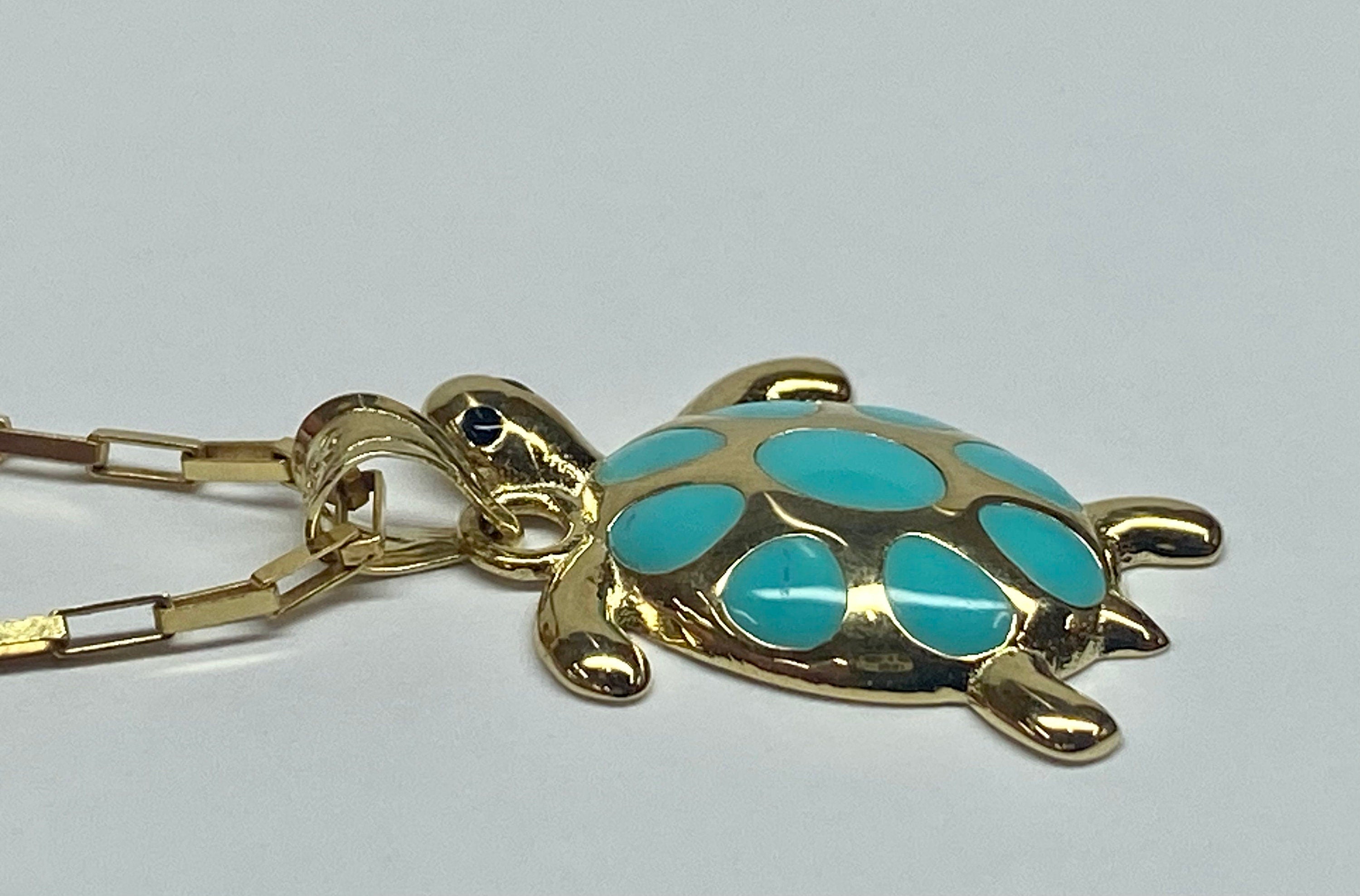 14K 585 Yellow Gold & Turquoise Color Enamel  Turtle Pendant Charm  !!!