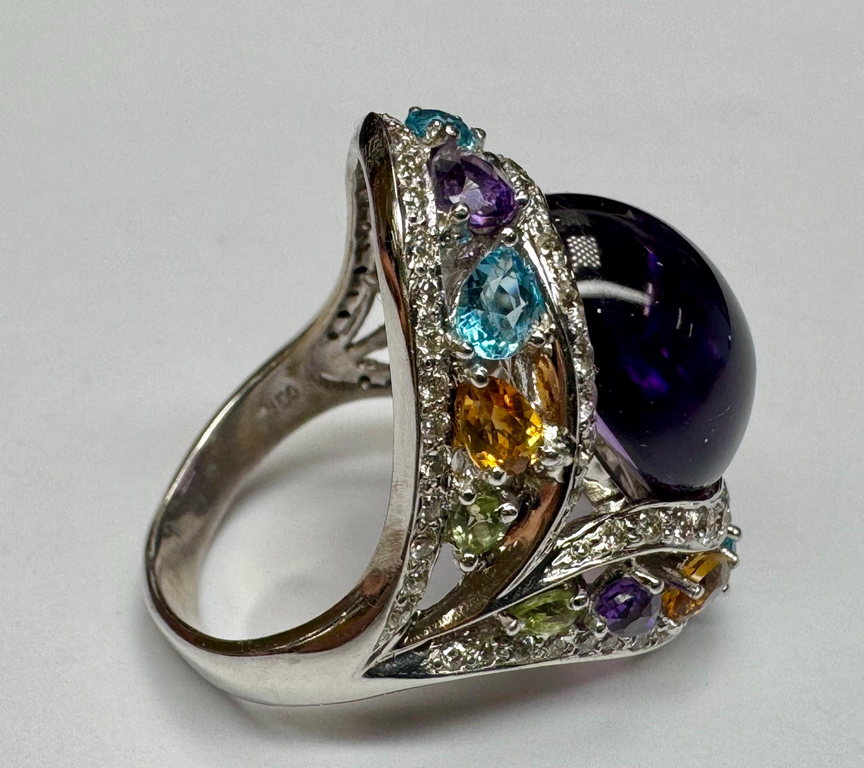 18K White Gold Multi-Gem Amethyst Diamond Cocktail Ring