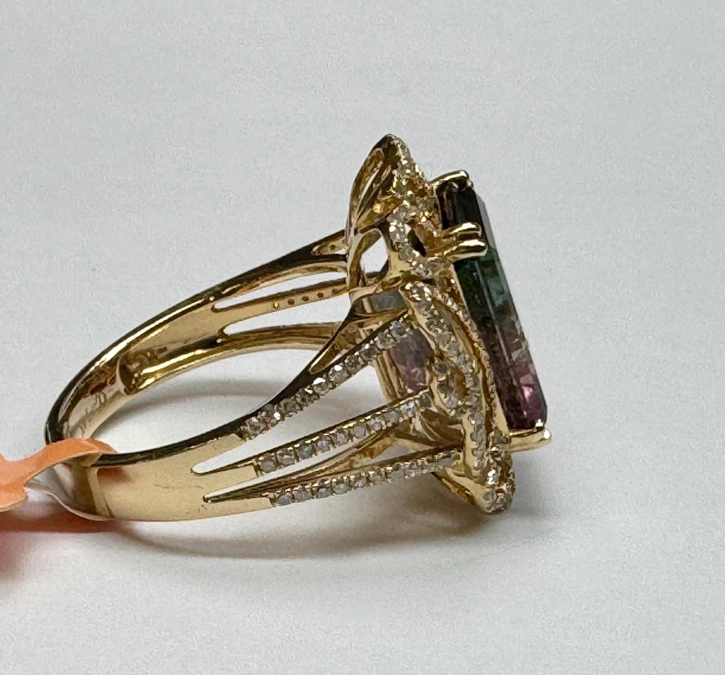 14K Yellow Gold Watermelon Tourmaline Diamond Ring, Size 7 3/4