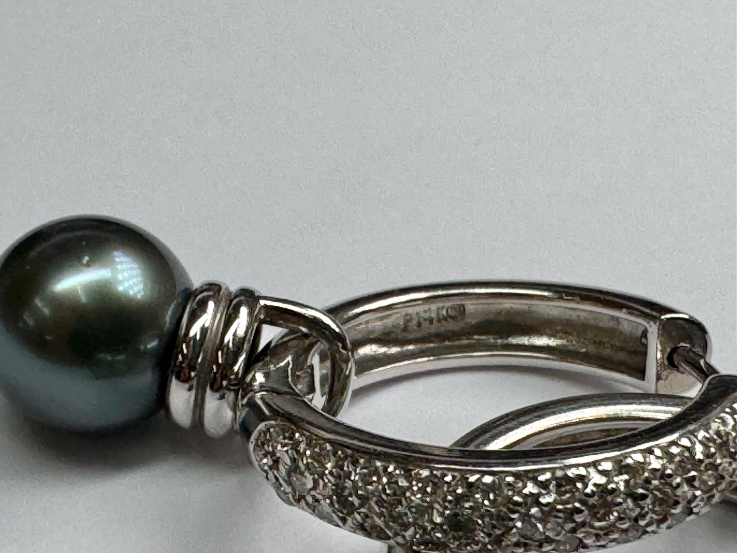14K White Gold Diamond Hoop Earrings with Black Pearl Dangles
