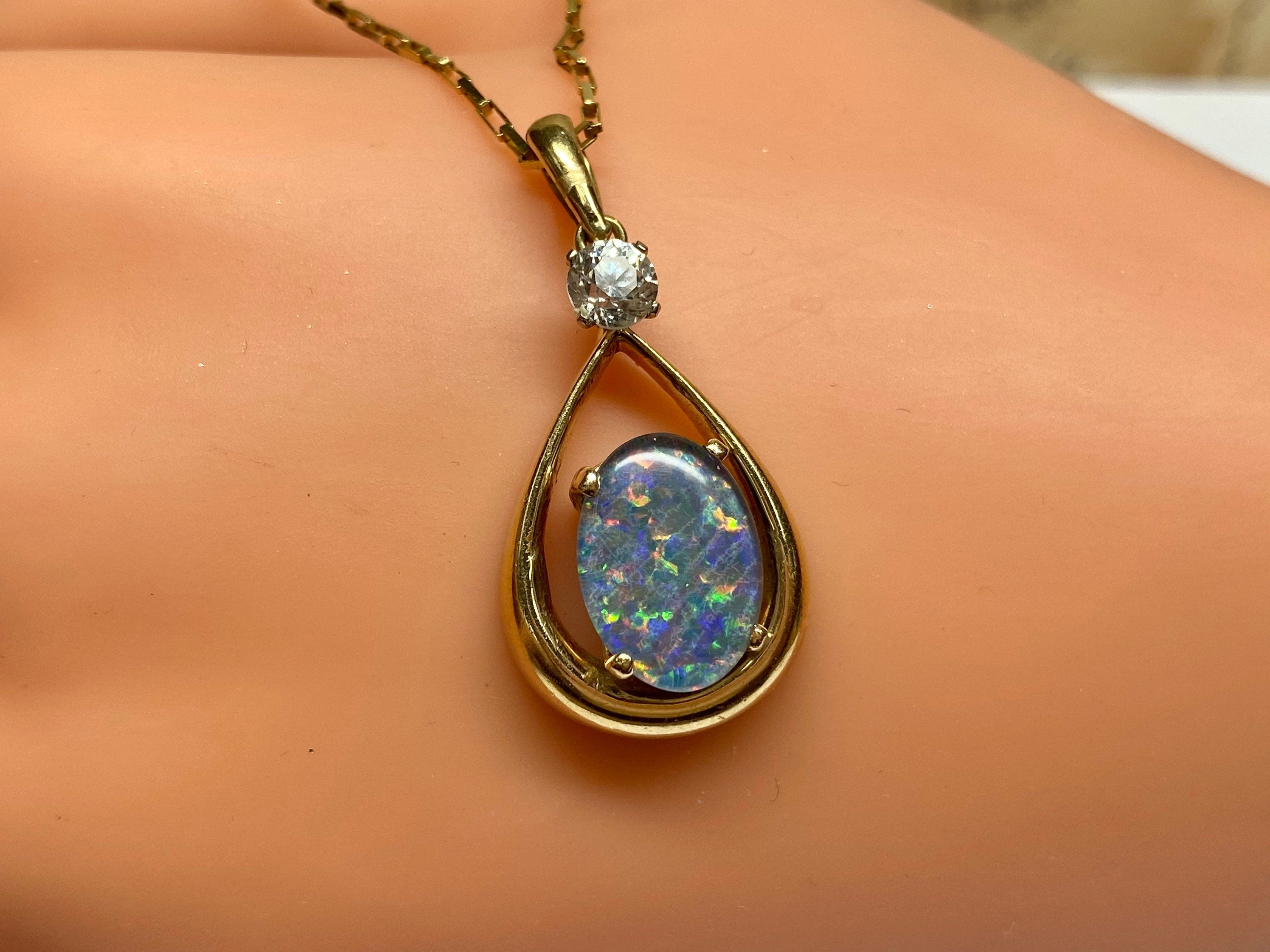 14K Yellow Gold Black Fire Opal & Diamond Teardrop Pendant