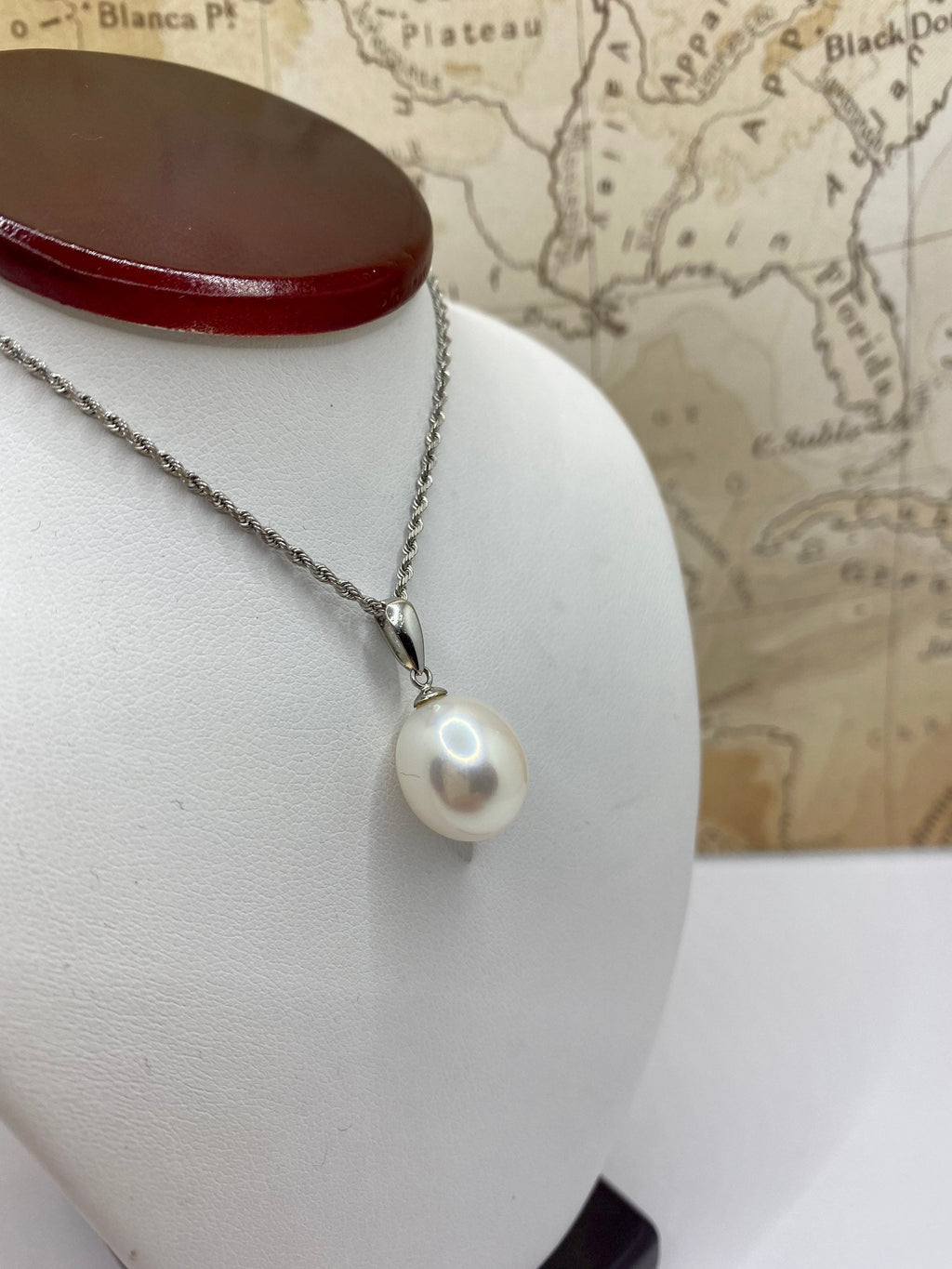14K White Gold Rope Chain Necklace with White Pearl Pendant