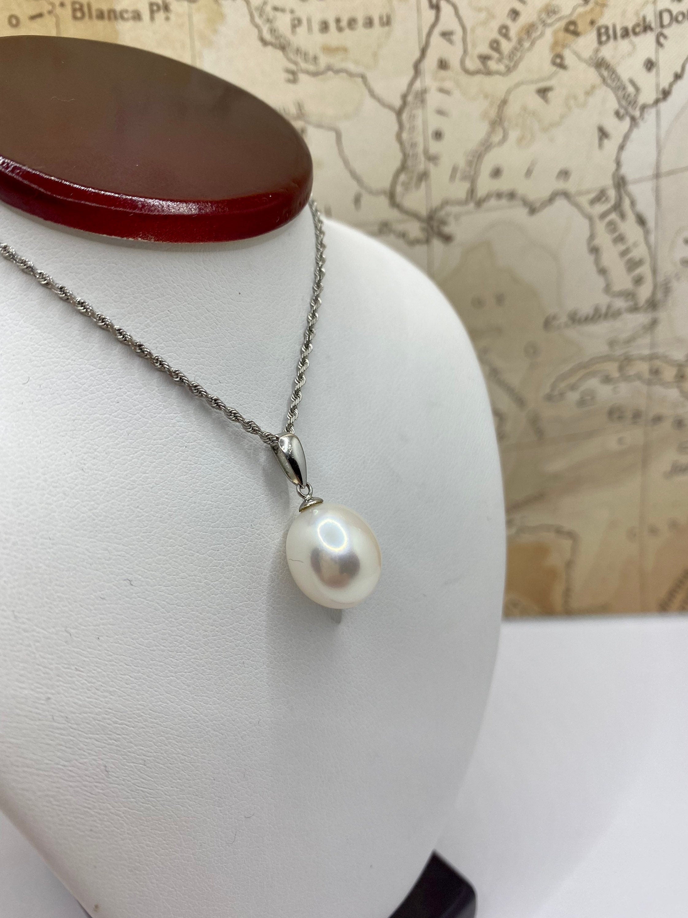 14K White Gold Rope Chain Necklace with White Pearl Pendant