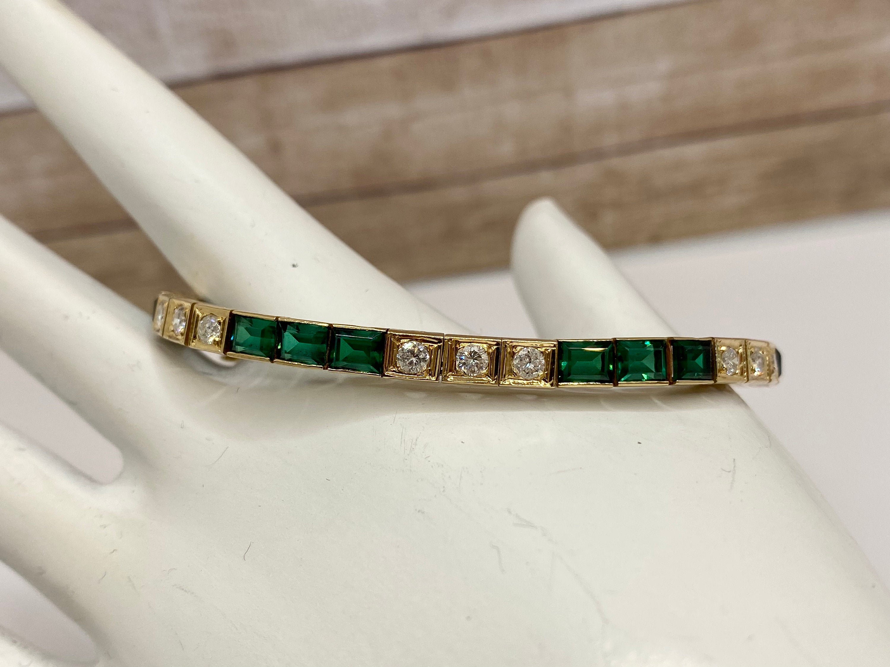 14K Yellow Gold Diamond And Emerald Tennis Bracelet!!!!