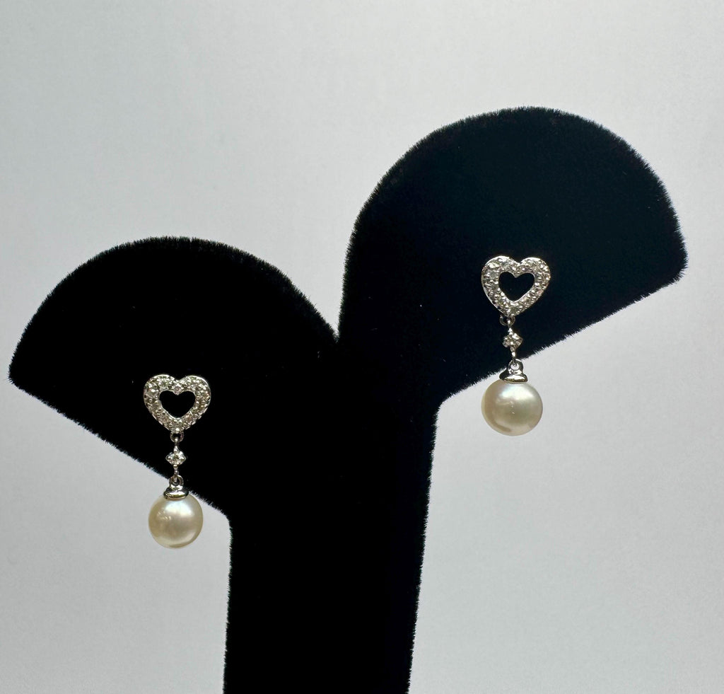 14K White Gold Heart Diamond & Pearl Drop Earrings