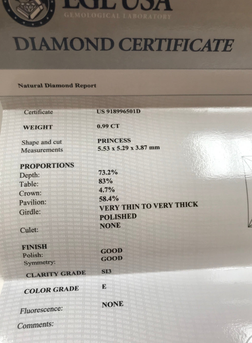 14K White Gold Princess Cut Diamond Ring - .99 Ct, Size 7.5