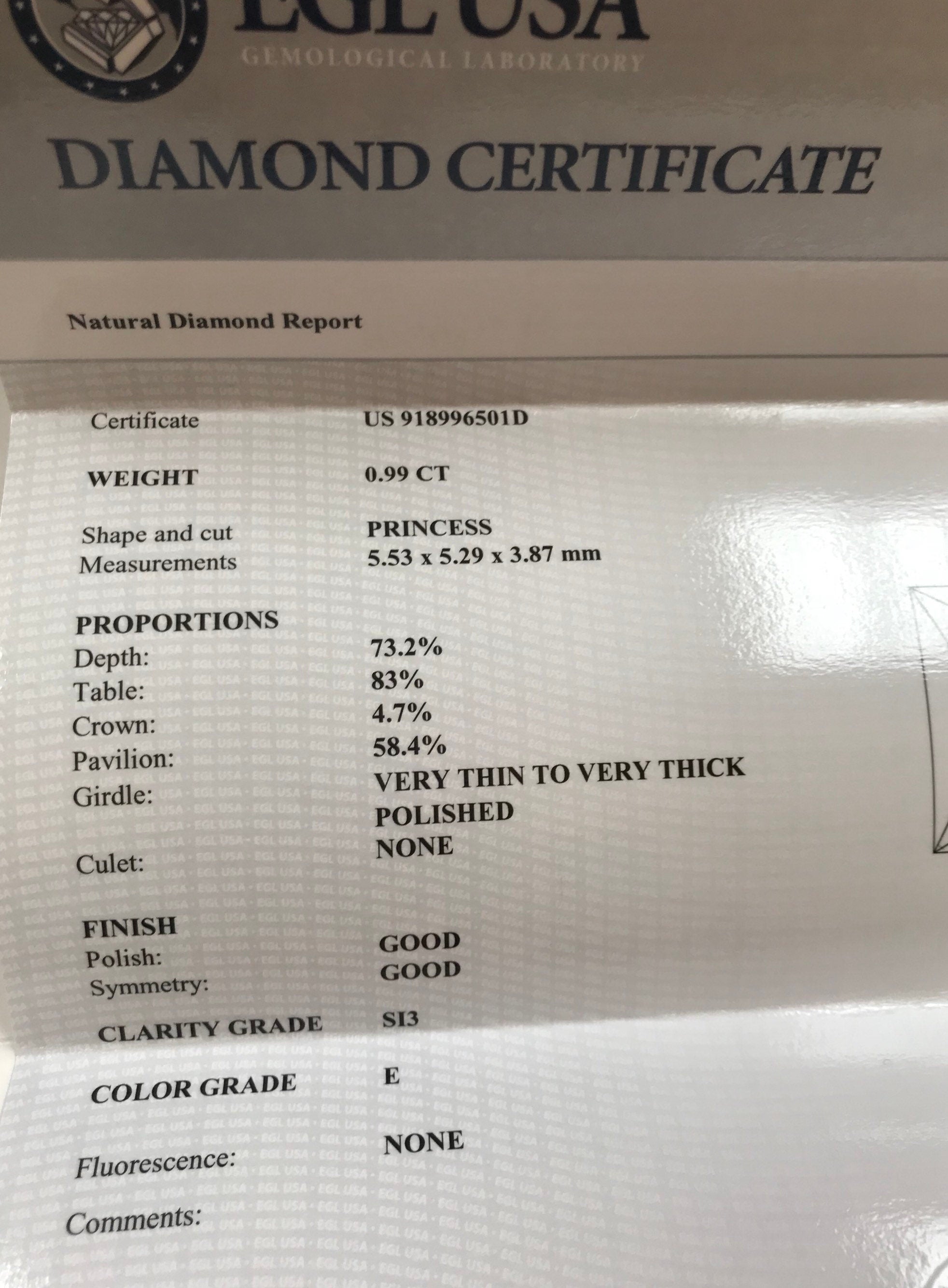 14K White Gold Princess Cut Diamond Ring - .99 Ct, Size 7.5