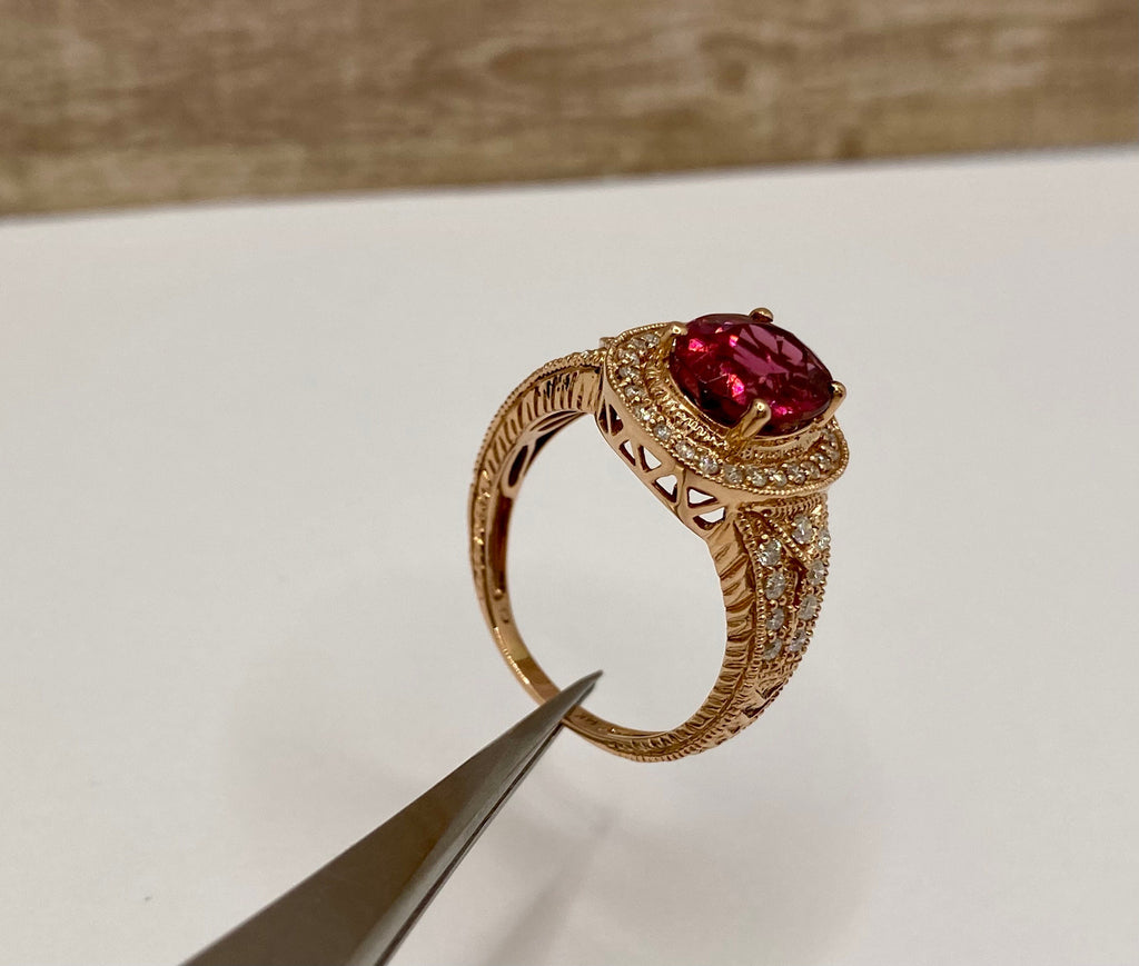 14K Rose Gold Ruby Diamond Halo Ring, Size 8.25
