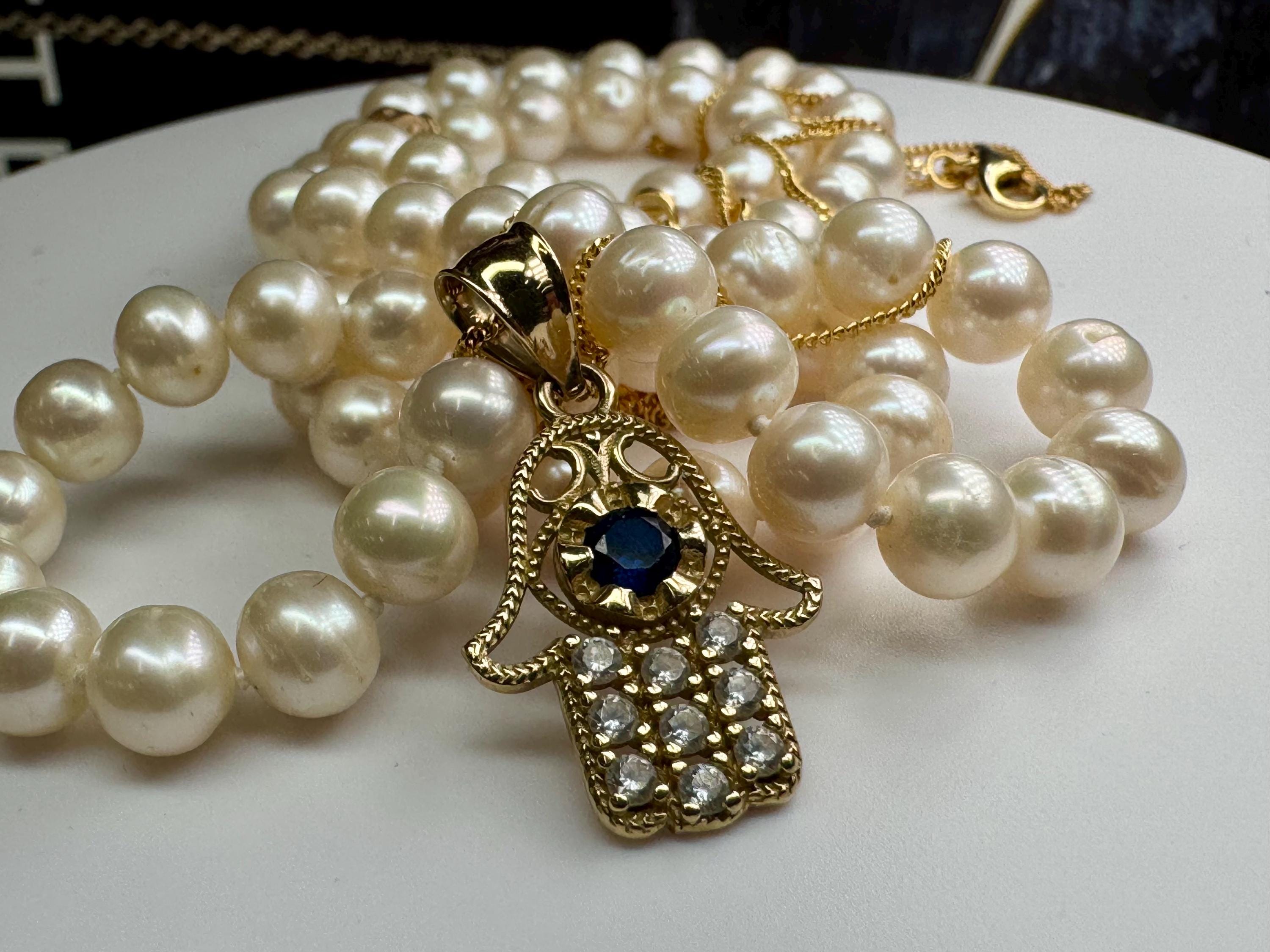 14K Yellow Gold Hamsa Hand Pendant with Blue & White CZ