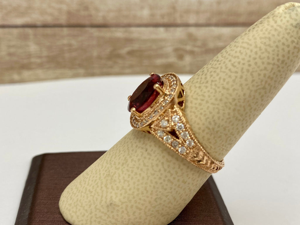 14K Rose Gold Ruby Diamond Halo Ring, Size 8.25