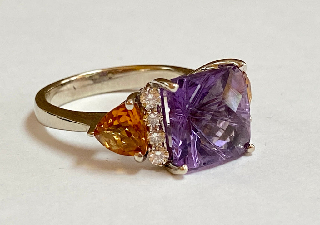 14K White Gold Amethyst Citrine Diamond Ring - Size 7
