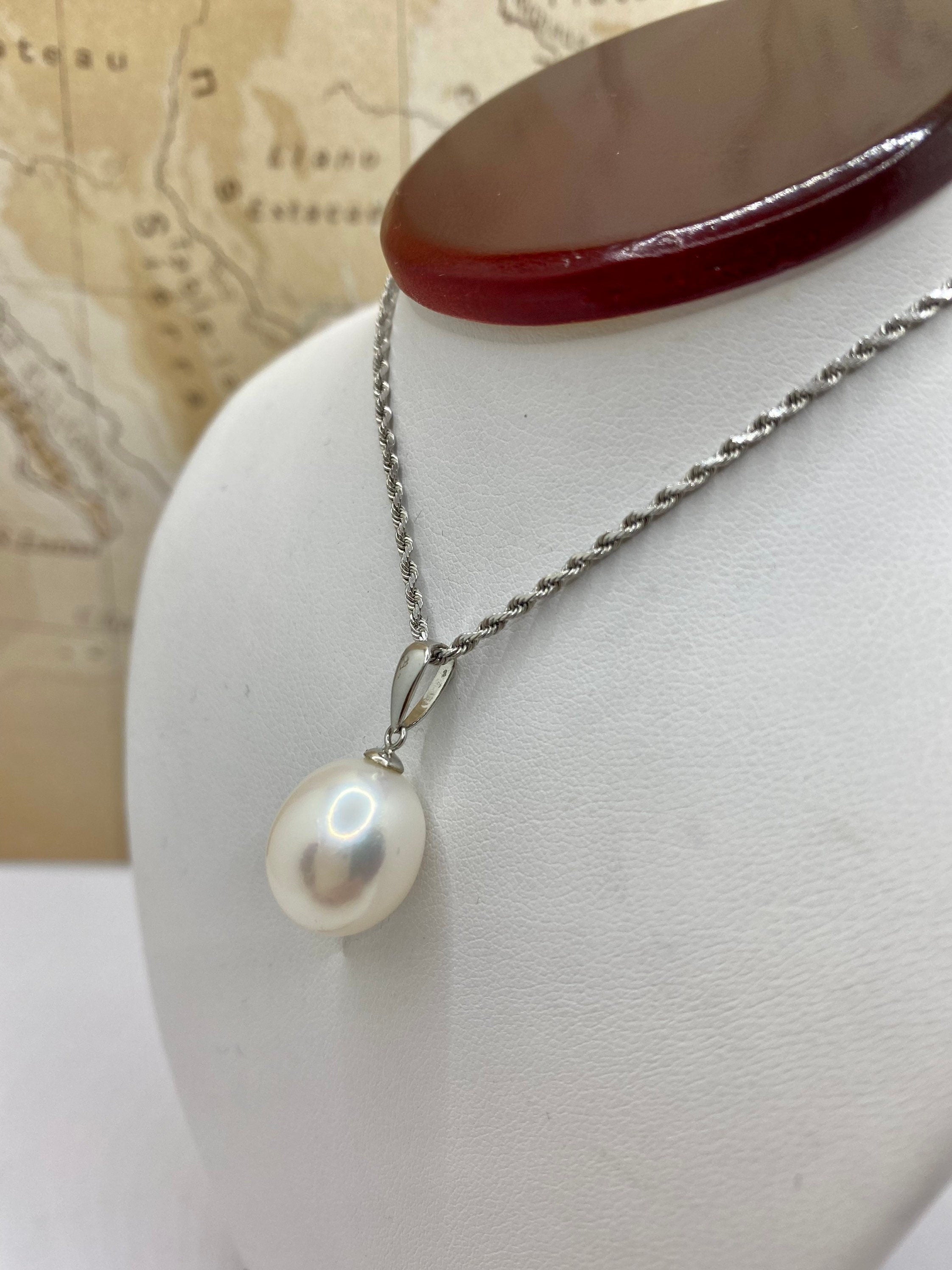 14K White Gold Rope Chain Necklace with White Pearl Pendant