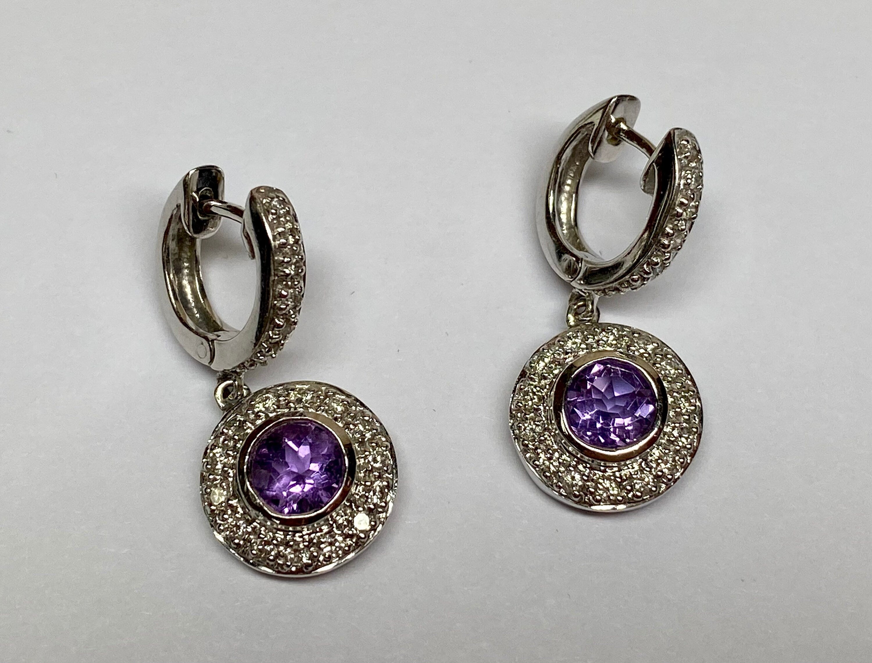 18K White Gold Diamond Amethyst Drop Earrings