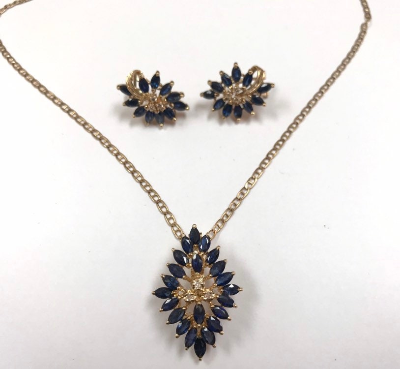 14K Yellow Gold And Blue Sapphire With Diamonds Necklace And Earring Set!!!